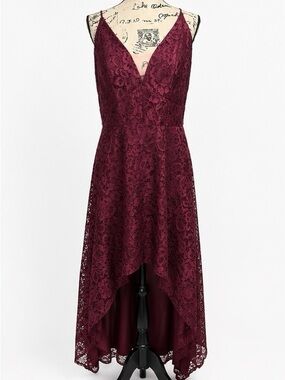 David’s Bridal V-Neck Burgundy Lace High-Low Dress